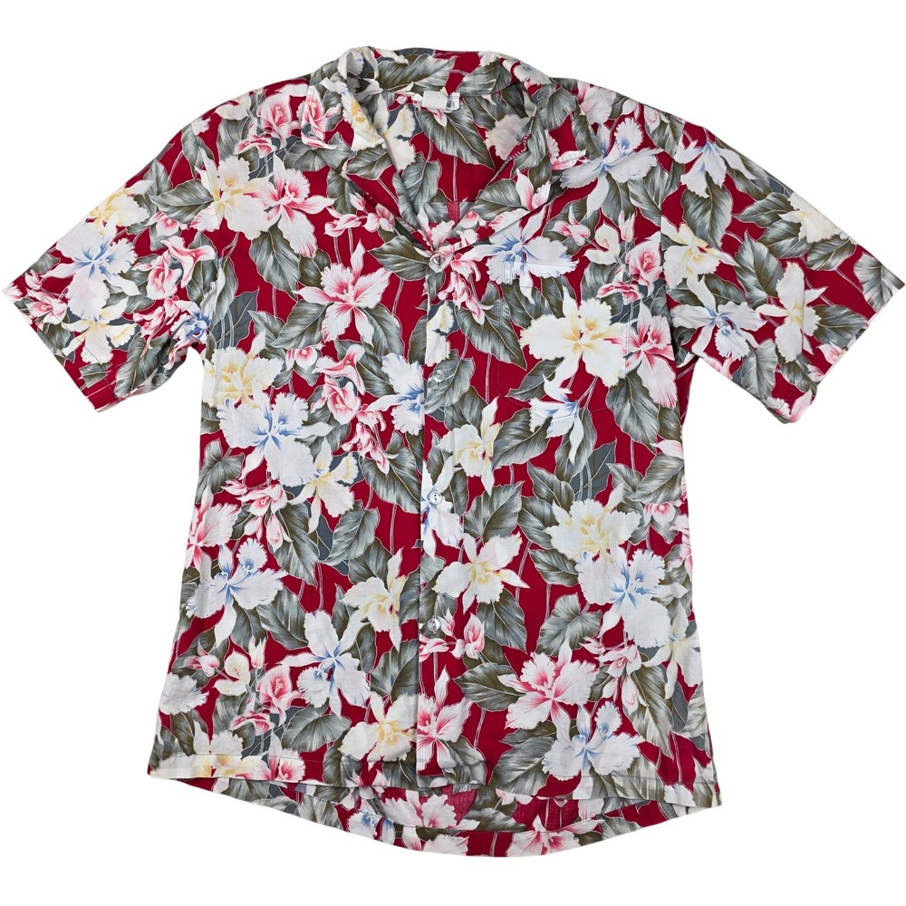 Made in Hawaii Mens Button Down Hawwian Shirt Red Floral Tropical Aloha Size L